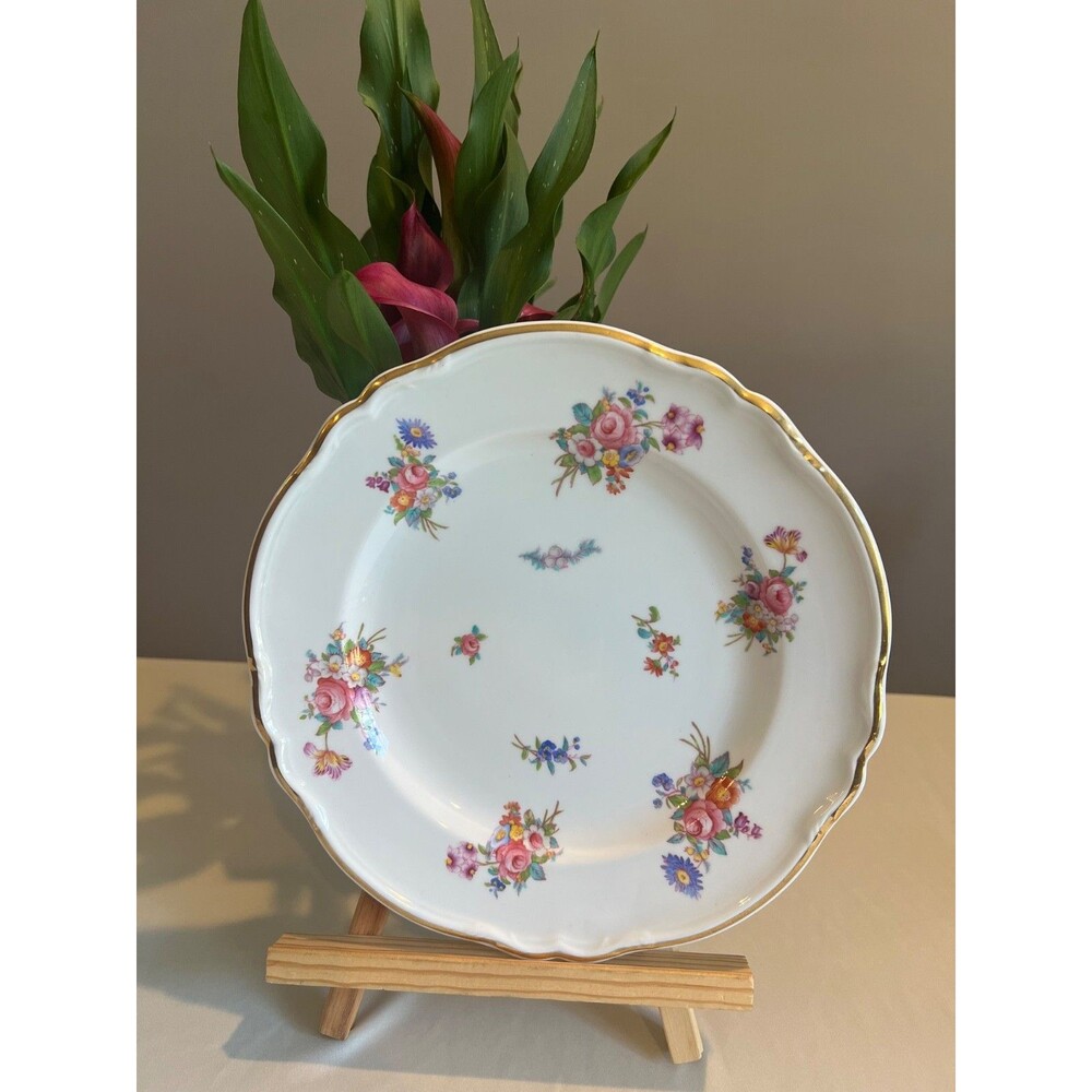 Vintage Spode Dresden Rose R2241 Luncheon Plate 9" Scalloped Gold Edge